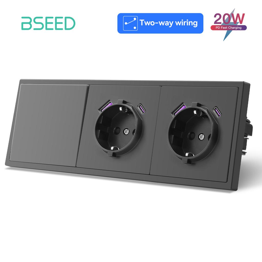 BSEED 1/2Gang Large Button Light Switches 1/2Way Plus Wall Power Type-c USB Sockets Fast Charging EU Standard Plastic Frames