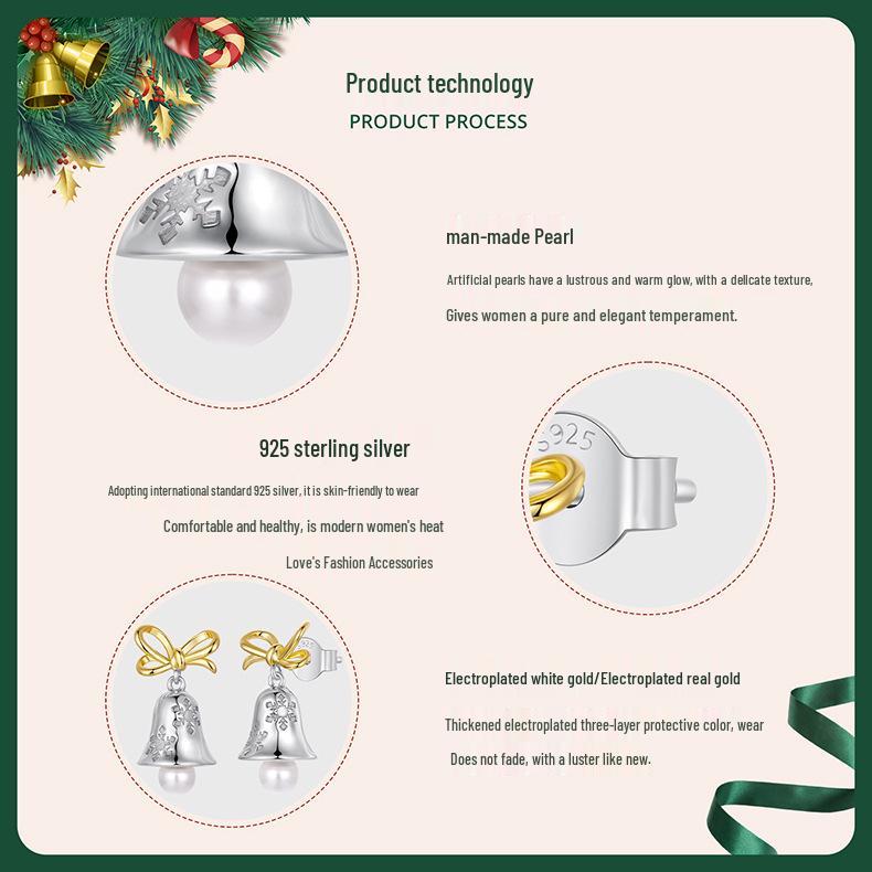 Yinziyun Christmas Snowflake Bell Earrings: S925 Sterling Silver Bow Studs
