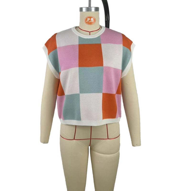 Вязаный клетчатый свитер с круглым вырезом и короткими рукавами, женский короткий топ с высокой талией и открытым пупком, повседневный трикотаж