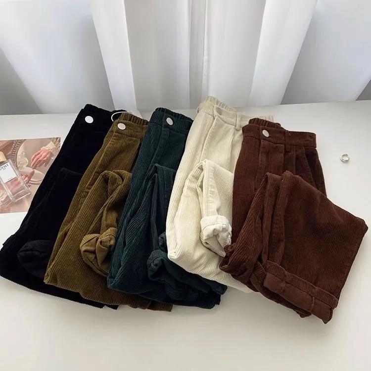 Retro High Waist Corduroy Pants Women Spring Fall Straight Casual Full Length Trousers Korean Fashion Baggy All Match Black Pant Plus Size