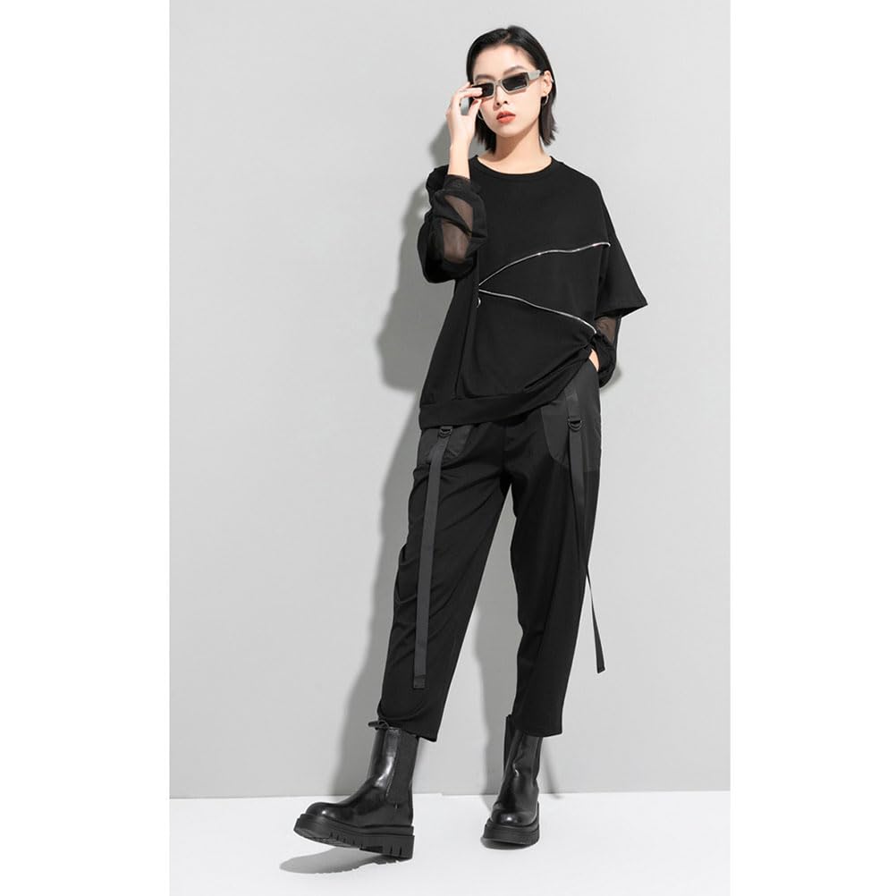 Morino Loose Fit with Tulle Striped Stylish Unique Long Women's T-Shirt Sleeves, Pattern, Streetwear, Style, Black, Spring/Summer (Black - Sleeve)