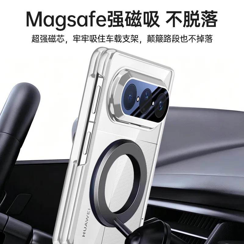 Glossy Transparent Hard PC Hinge Cover for Huawei Pura X Max Magnetic 360 Ring Holder Bracket Case 9H HD Glass Screen Protector
