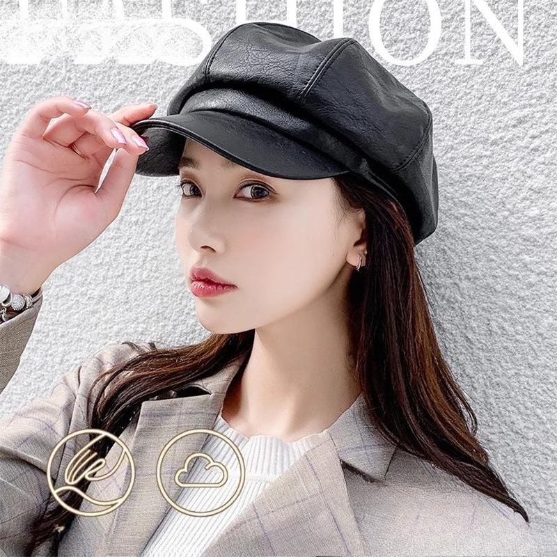 1PC PU leather octagonal hat duck tongue Korean version tide spring retro British style hat women's versatile beret