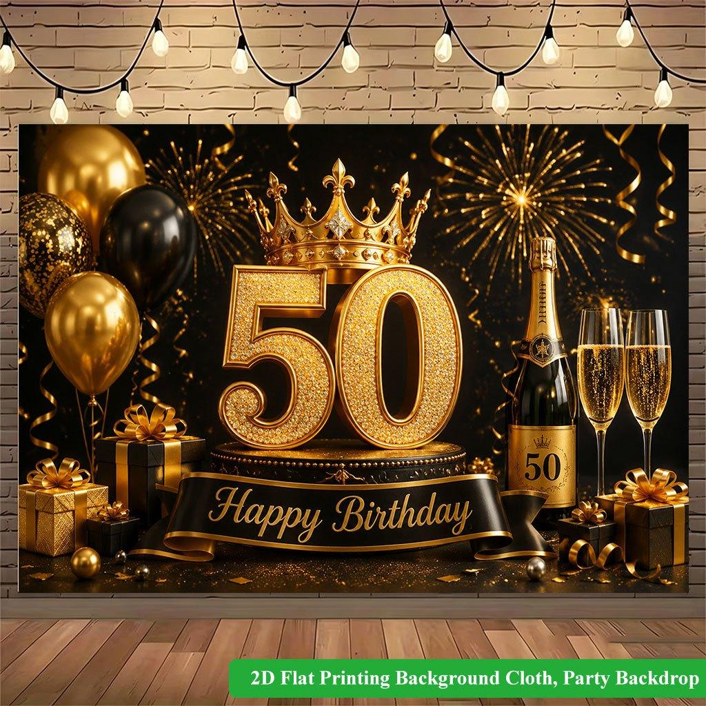 2D Flat Backdrop1pc Gold Theme Birthday Party Anniversary Backdrop Banner Polyester Wall Decor For Living Room Bedroom Office Outdoor Decor