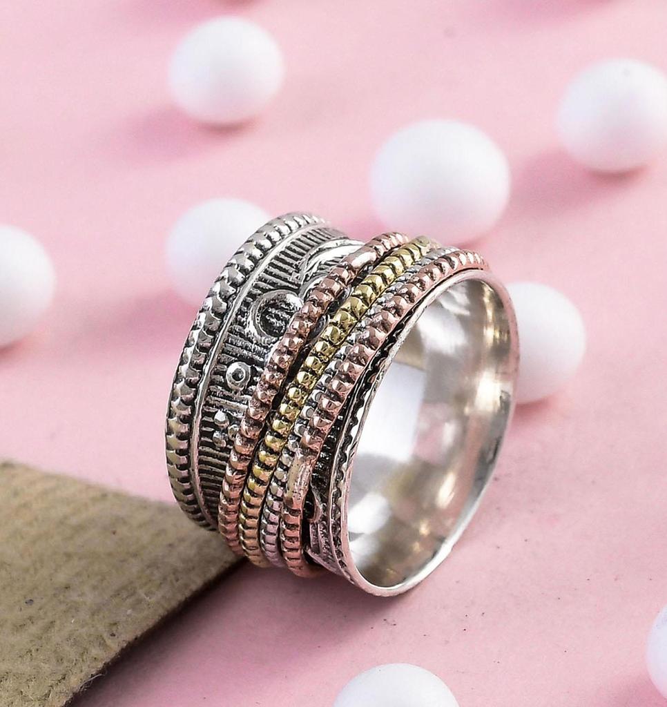 Текстурированное кольцо для большого пальца, Кольцо из стерлингового серебра 925 пробы, Кольцо из смешанного металла, Ювелирные изделия ручной работы, Вращающееся кольцо для медитации, Подарок для нее,