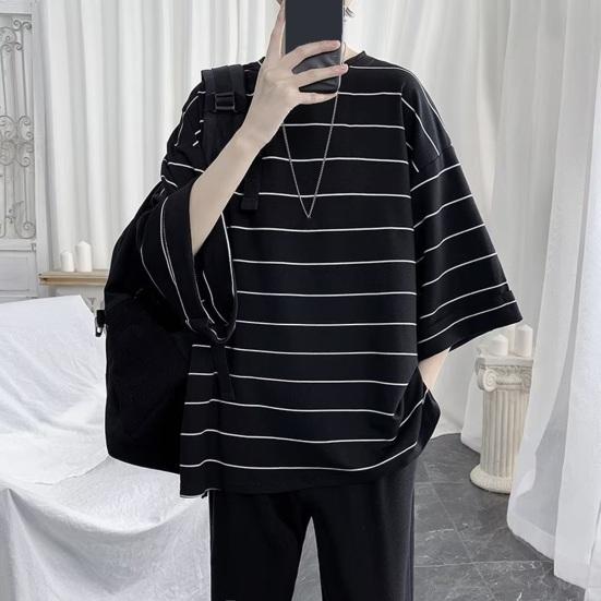 Летний мужской топ в полоску с рукавами три четверти с круглым вырезом Свободный пуловер в японском стиле с разрезом подол средней длины Мягкая повседневная футболка для подростков
