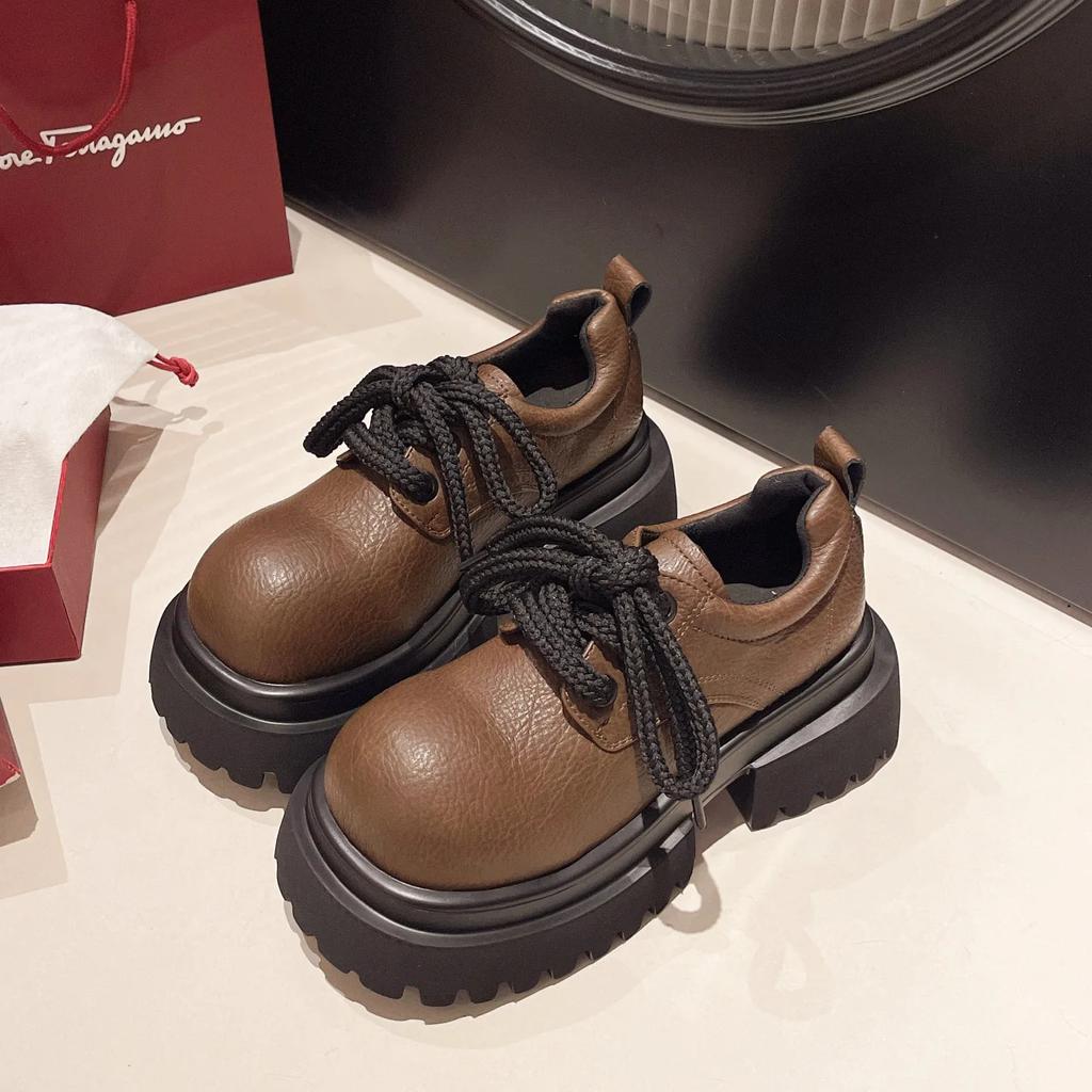 Women's Thick Sole Height Increasing Loafers 2024 Autumn New Fashion Round Toe Lace Up Retro Leather Shoes Japan Casual Shoes