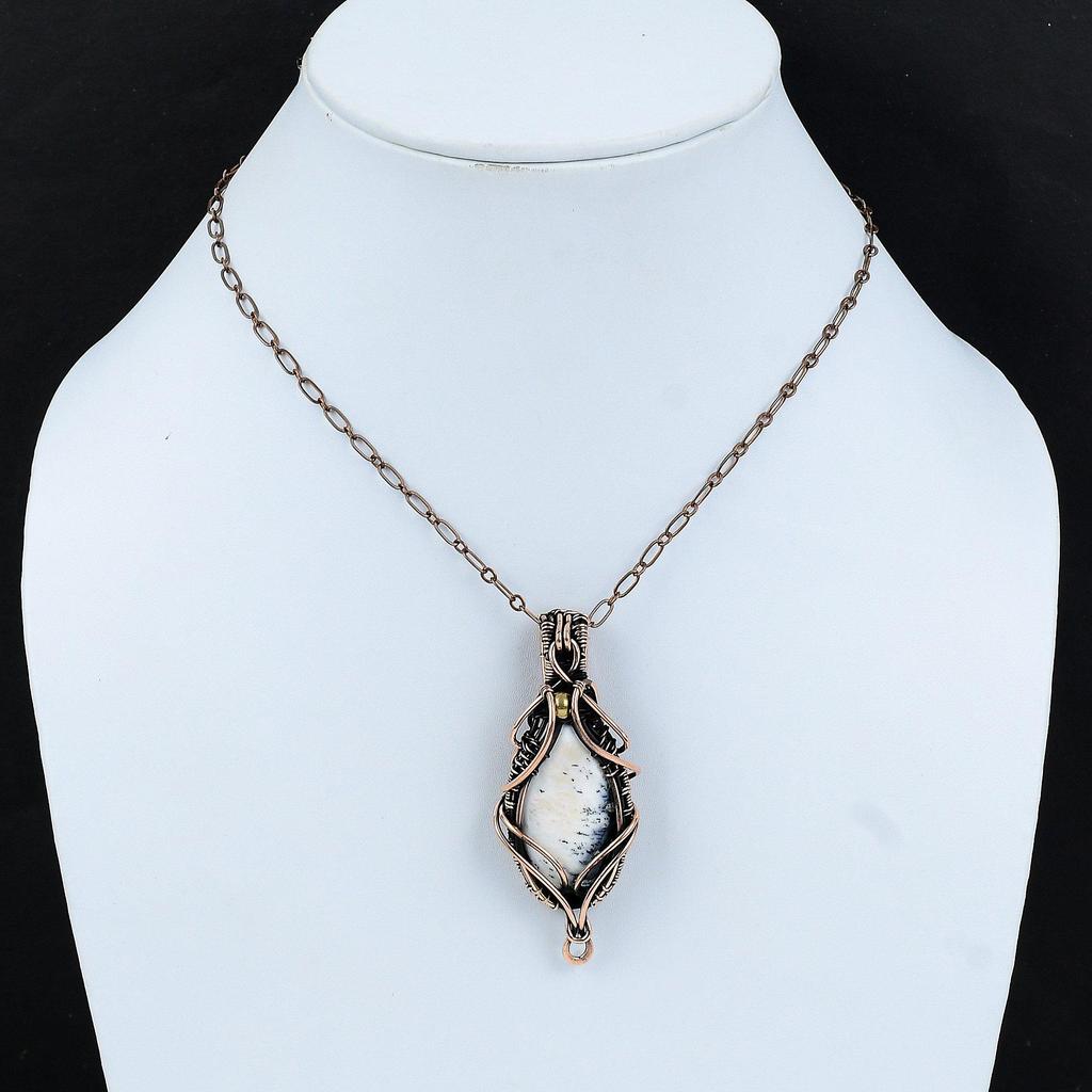 Кулон с дендритом и опалом, обернутый медной проволокой, кулон с дендритом и опалом, драгоценный камень, ювелирный подарок для друга, медные украшения ручной работы, кулон с камнем