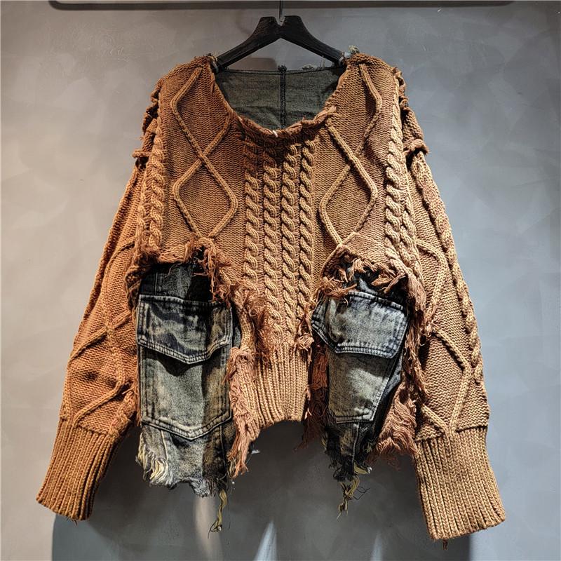 Женский пуловер неправильной формы с эффектом состаривания, пэчворк, карманы, винтажный выстиранный деним