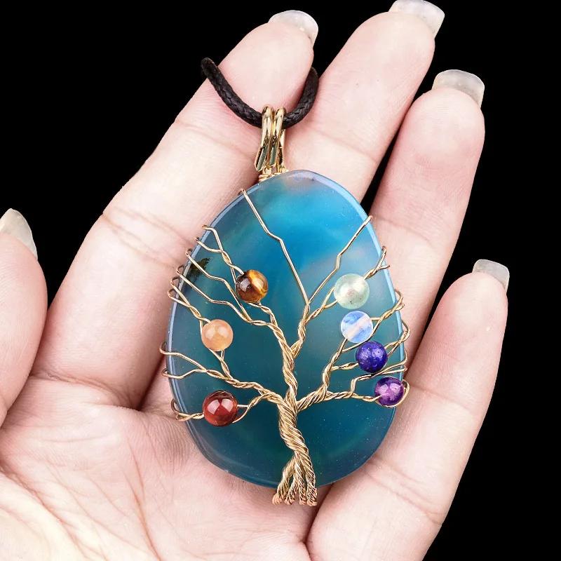 Natural Agate Stone Life of Tree Pendant Necklace Rough Wire Winding Pendant Sweater Chain Jewelry Women's for Necklace 7 Chakra