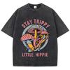 Summer Womens Cotton Washed T-Shirts Stay Trippy Little Hippie Mushroom Printed Streetwear Loose O-Neck Vintage Female Clothes
