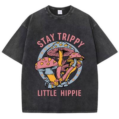 Летние женские хлопковые стираные футболки Stay Trippy Little Hippie Mushroom Printed Streetwear Свободная винтажная женская одежда с круглым вырезом