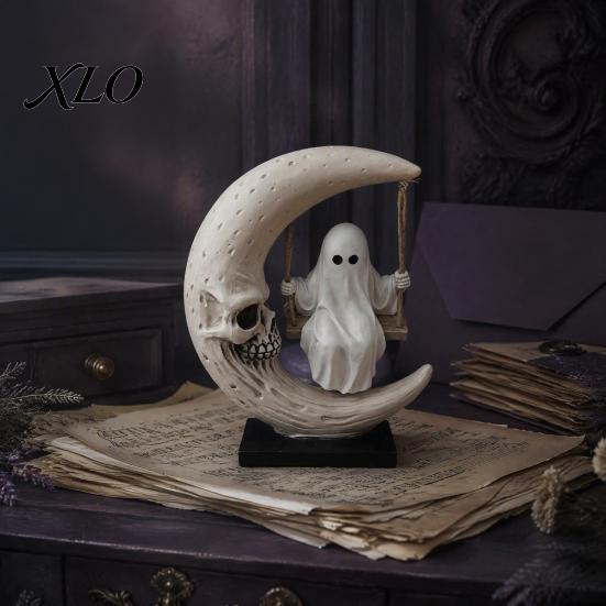Retro Gothic Decor Halloween Ghost Swing Figurine, Spooky on A Moon Statue, Creative Resin Sculpture Home Decoration for Desktop, Mantel, Fireplace,