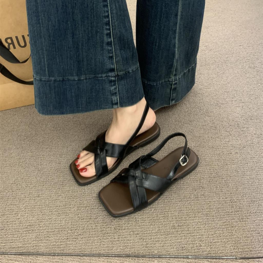 Модные удобные туфли с открытым носком для женщин, римские сандалии, дышащие, с перекрестными ремешками, лето 2025, пип-то, ретро, гладиаторские, новые квадратные балетки для девочек