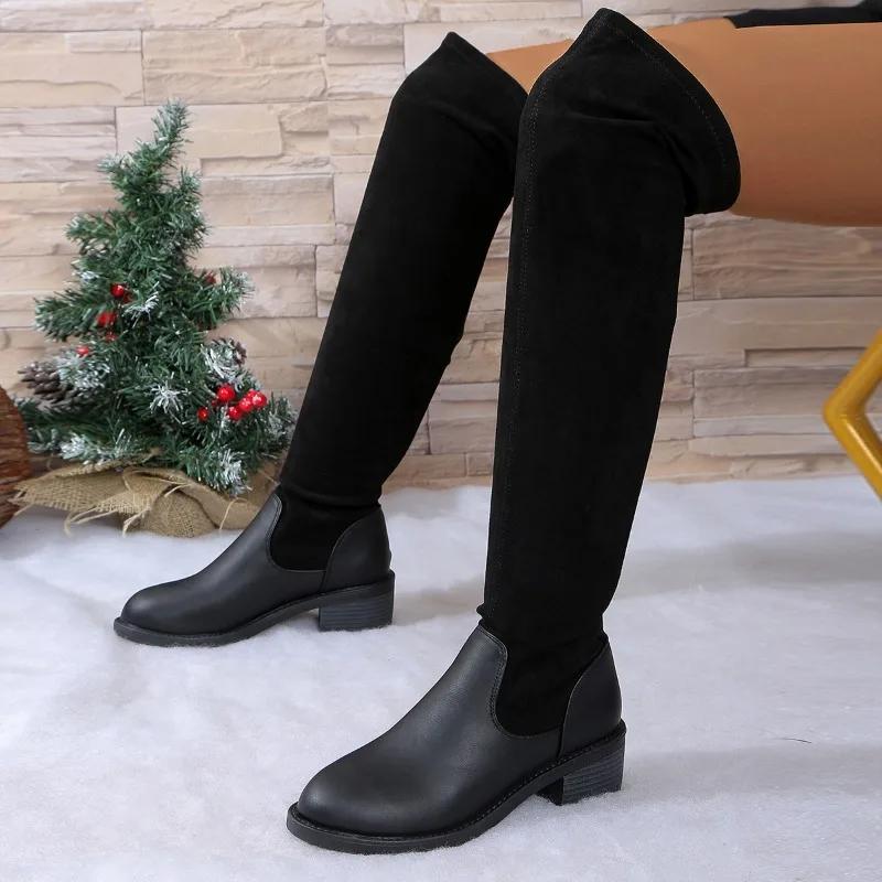 2024 Брендовые женские туфли Женские сапоги выше колена Лаконичные современные сапоги Женские туфли с круглым носком на низком каблуке Слипоны Большие размеры Женские