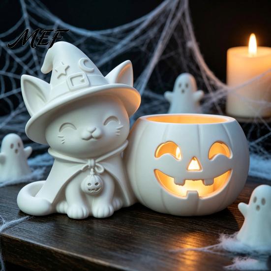 Holiday Atmosphere Ornaments Halloween Black Cat Pumpkin Candlestick, 3D Printed Witch Candle Creative Gift for Friends Holder with