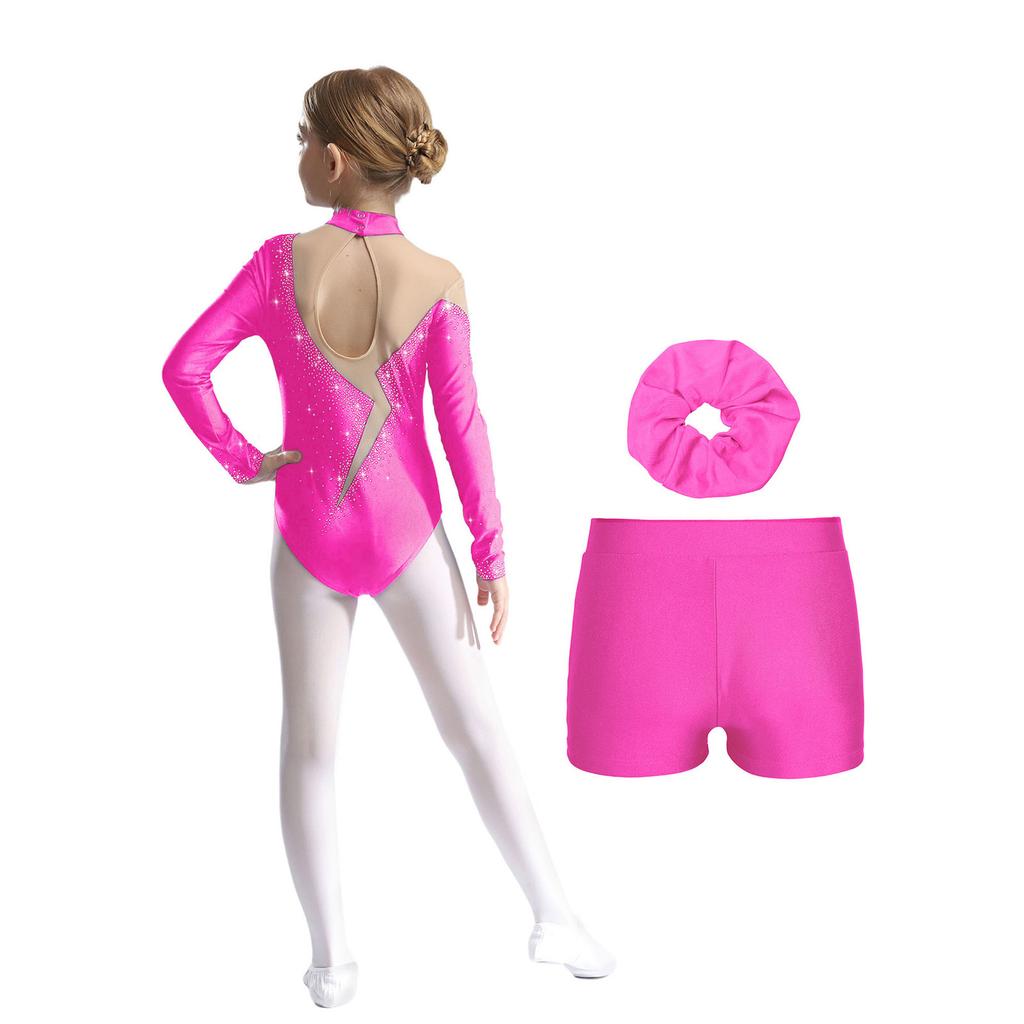 Girls Gymnastics Dance Outfit Set Long Sleeve Keyhole Back Sheer Mesh Patchwork Sparkly Leotard Shorts Hair Band