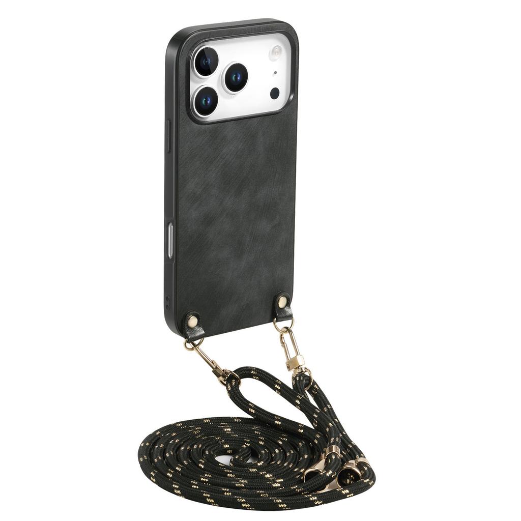 For iPhone 17 Pro Retro Leather Phone Back Cover with Adjustable Strap