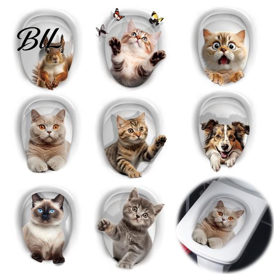Self Adhesive Restroom Stickers 3D Cartoon Cat Toilet Stickers, Waterproof Cute Animal Lid Creative Seat Art Sticker, Fun Self-Adhesive Bathroom Wall