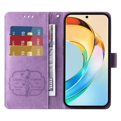 Чехол-бумажник из кожи для Honor X60 5G с принтом «Бабочка и цветы», с подставкой