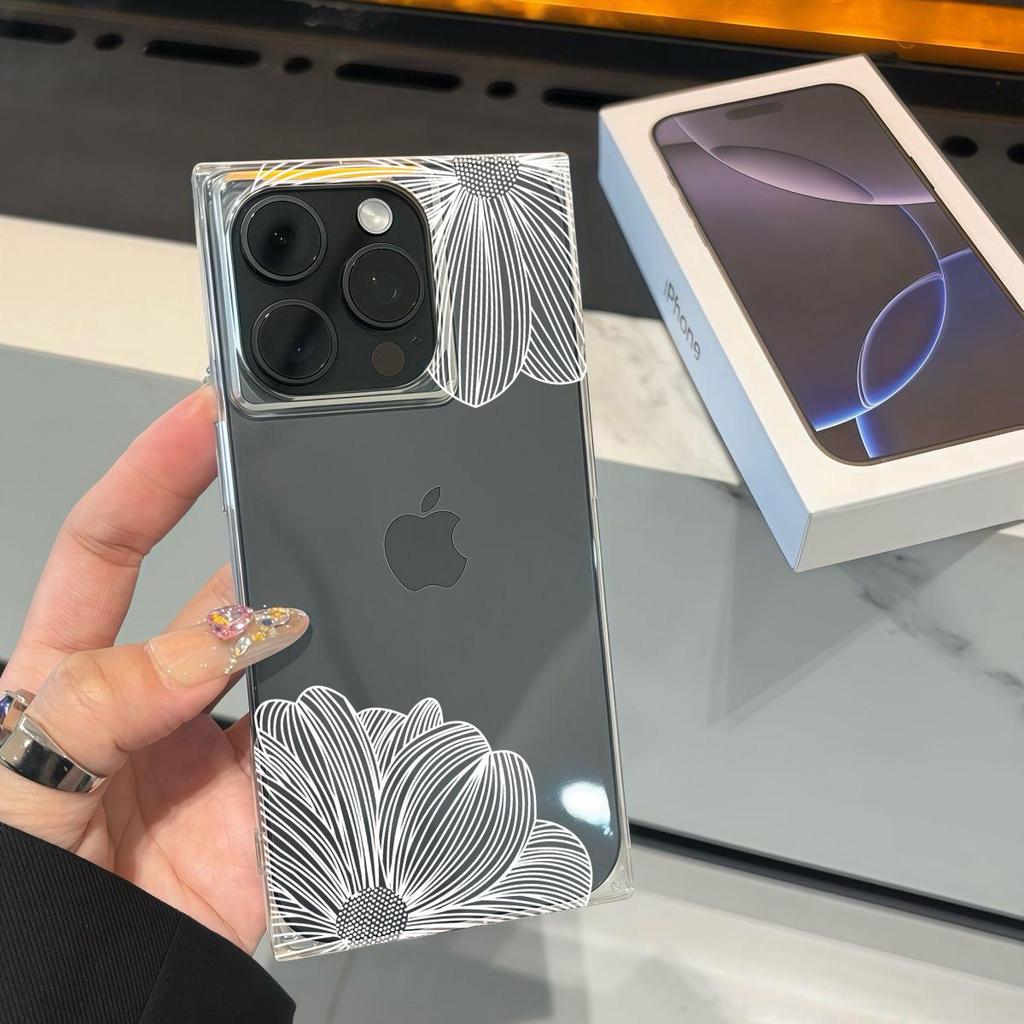 Square Back Tube Protection Clear Case For iPhone 16 ProMax 14 Pro Max 12 15 Plus 11 13 Anti-Oxygen,White Stripe Petals Pattern Casing