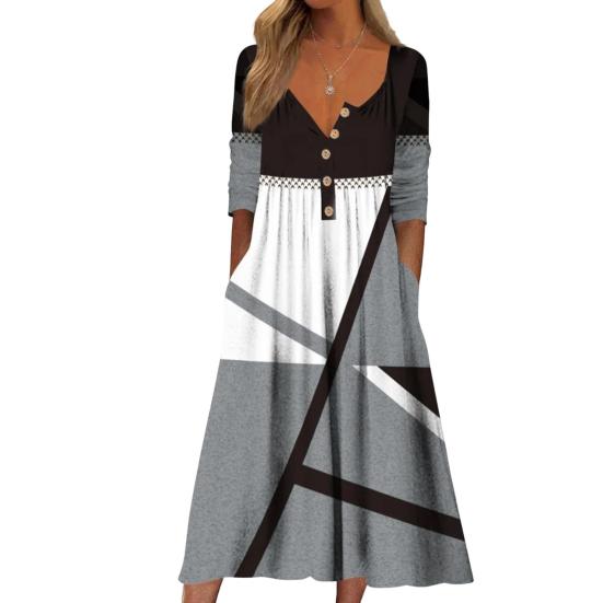 Summer Women Dress A-line Loose Hem Pleated O Neck Button Short Sleeve Loose Side Pockets Retro Floral Print Mid-calf Length Commute Beach Midi Dress