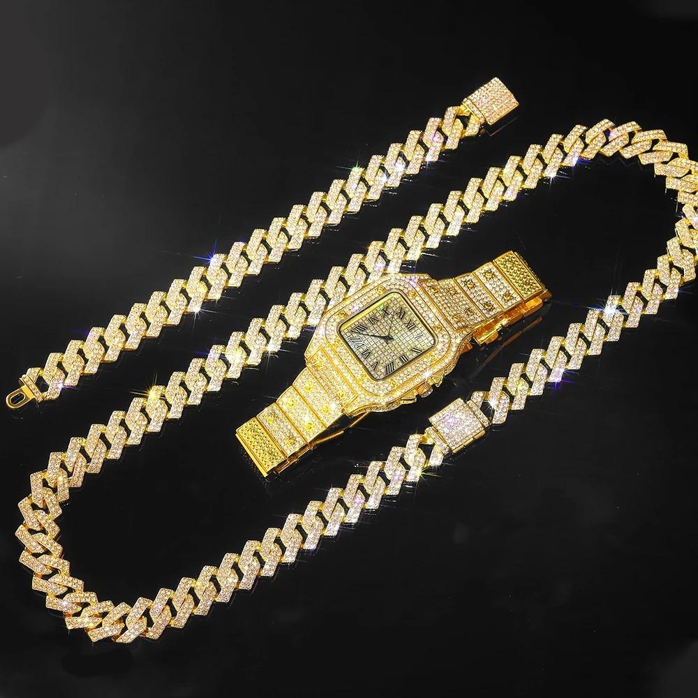 Men'S Hip-Hop Trendy Fashion Large Dial, Popular Diamond-Encrusted Cuban Chain Watch Set Yymy Watch