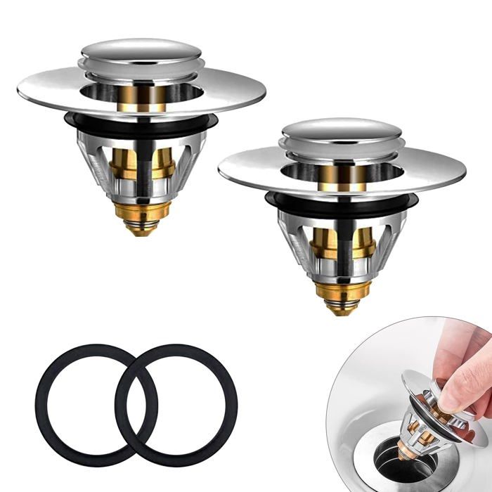 Bouchon pop-up lavabo/baignoire universel 34–38 mm avec filtre anti-bouchage (2 pièces) inox