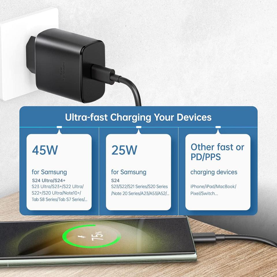 Зарядное устройство 45 Вт USB Type C Fast Chargeur Cargador Samsung Power Adapter Cable Galaxy S25 S24 Ultra S23 S22 S20 S21 FE A55 A56 Tab S9 + S8 S7