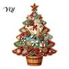 Desktop Christmas Tree Decor Wooden Ornaments, Vintage Colorful Decoration, Rustic Holiday Wood Figurines Farmhouse Style with Pine Cones Bows
