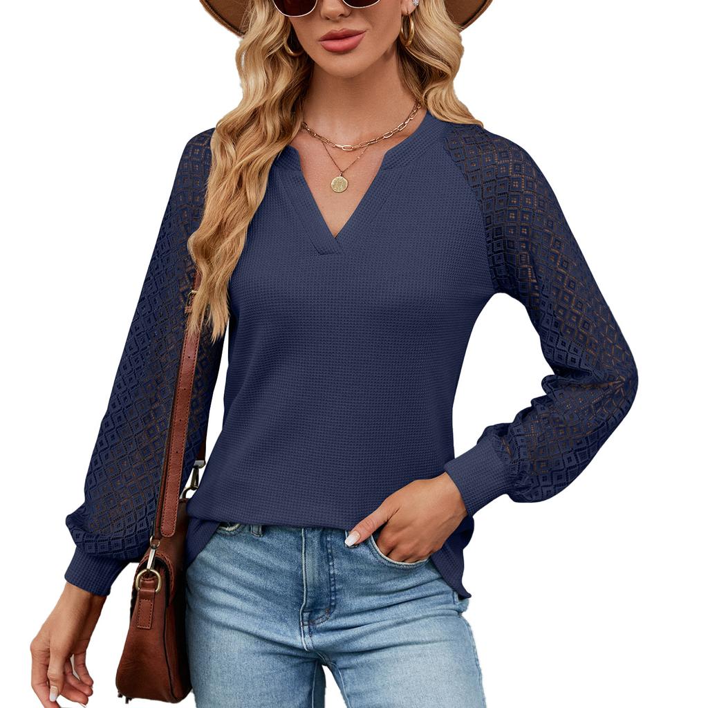 JKAASHDK Women's Fashion Casual Lace Print Summer Spring Long Sleeve V-Neck Pullovers Blouses & Shirts