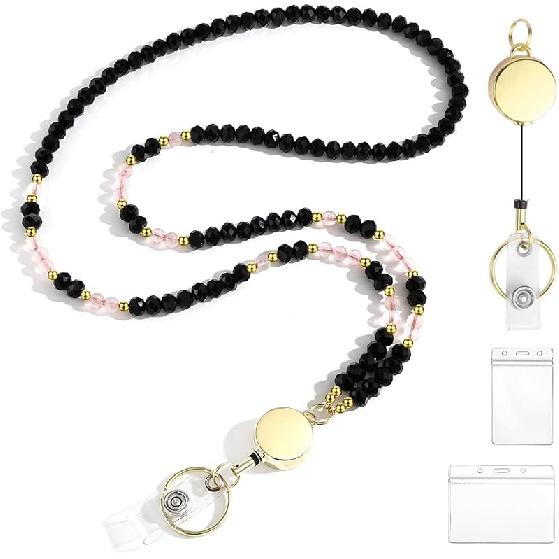 Lanyards for ID Badges for Women Cute,Teacher Lanyard for Women Retractable Natural Crystal Beaded Lanyards for Keys
