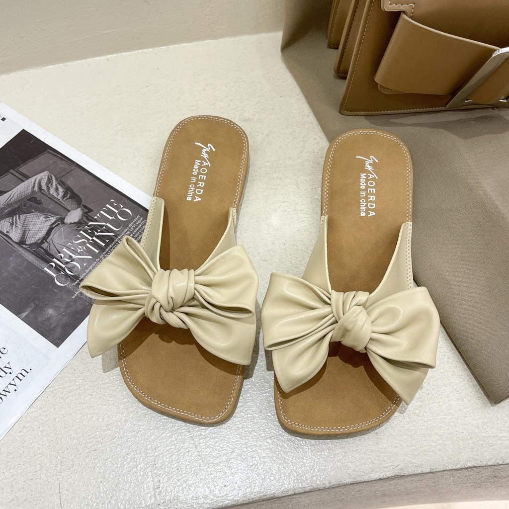 Новые женские летние модные фанерные тапочки с галстуком-бабочкой, милые нескользящие сандалии с плоской подошвой