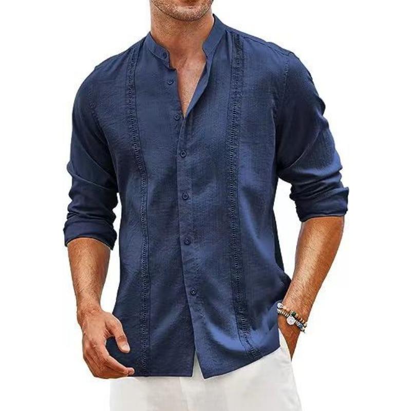 Men's Casual Button Summer Beach Vacation Cotton Linen Stand Up Collar Shirt