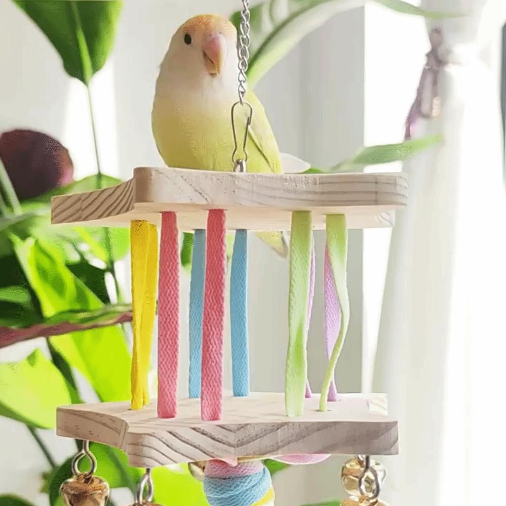 Colourful Bird Hanging Swing Wooden Bird Toy Hammock Parrot Cage Hut Small Pet Entertainment