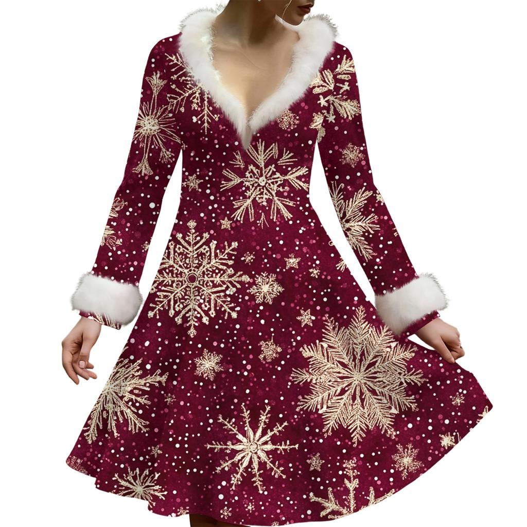Женское повседневное платье с V-образным вырезом, рождественским принтом, плюшевыми длинными рукавами