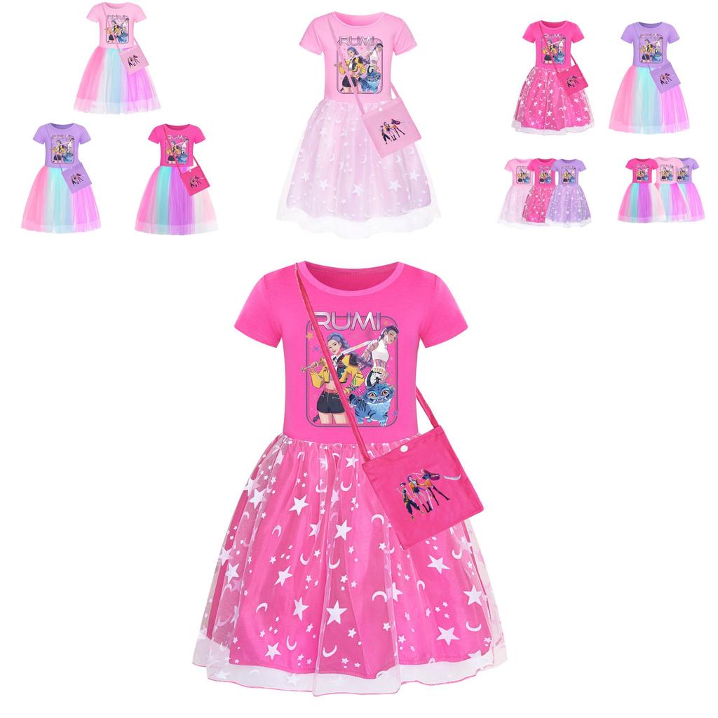 Kpop Demon Hunters Pattern Girl Dress With Cotton Fabric And Pleated Skirt For Kids Girls