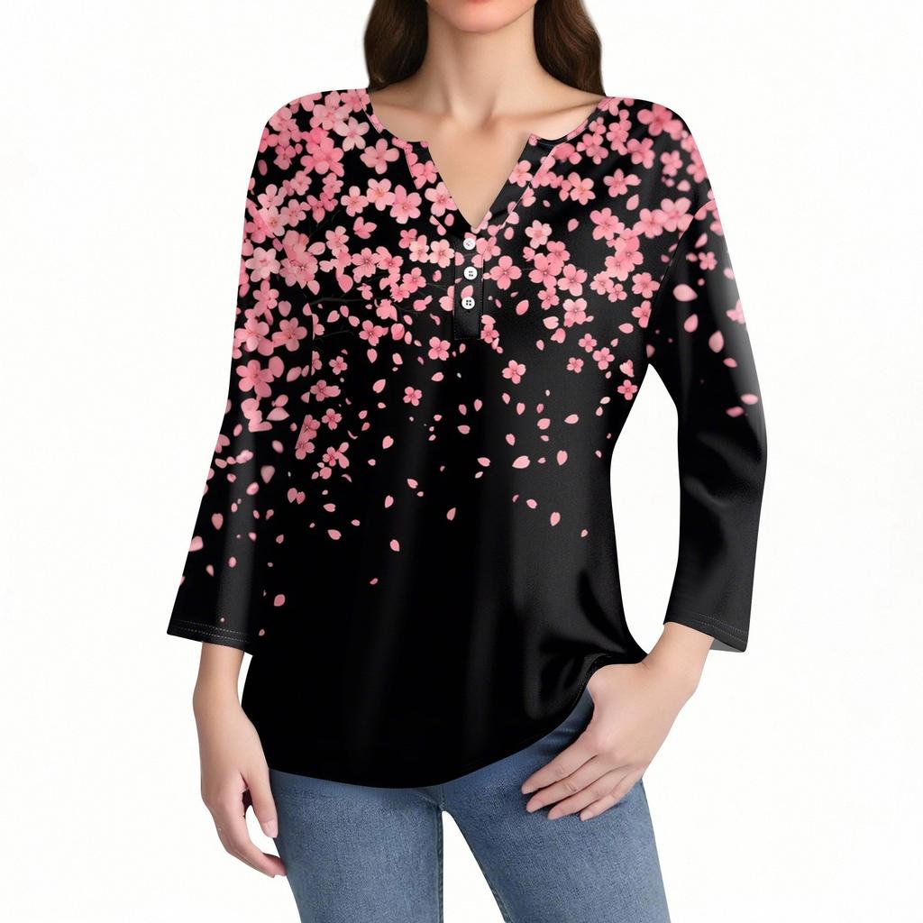 Жен. Футболка С принтом Пуговицы Рукав 3/4 Повседневные Выходные Мода Классический Классический V-образный вырез Обычный Верх