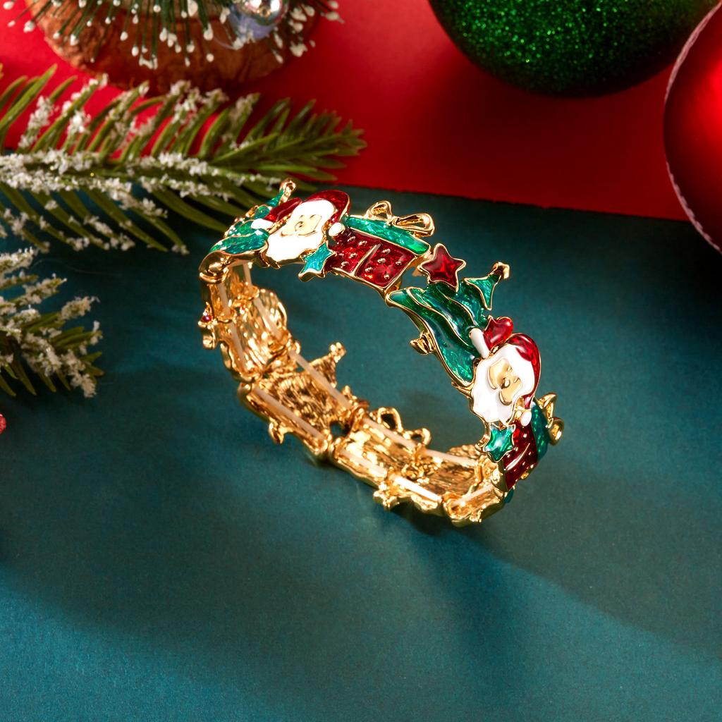 Exaggerated Enamel Santa Claus Christmas Tree Splicing Bangle for Women Dainty Xmas Necklace Bracelet Earrings Jewelry Set Gift