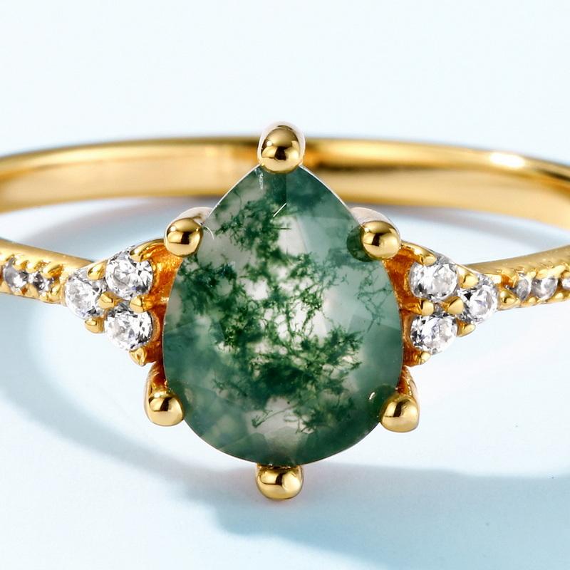 Real Silver 18k Gold Plated Pear Shaped Natural Gemstone Ring Delicate Teardrop Moss Agate Rings for Rings Jewelry Womens