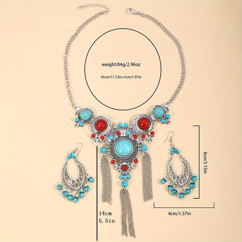 1 Pair Dangle Earrings +1 Pc Necklace With Exaggerated Resin Turquoise Inlaid Zinc Alloy Jewelry Set Bohemian Ethic Style For Women Gift CLE