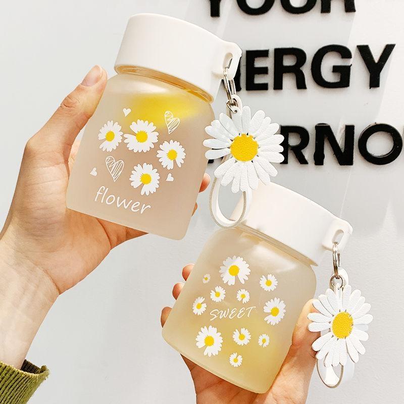 Frosted Glass Water Bottle Adorable Cute Print Lightweight Portable Carry Strap 500ml for Girls School Outdoor Use
