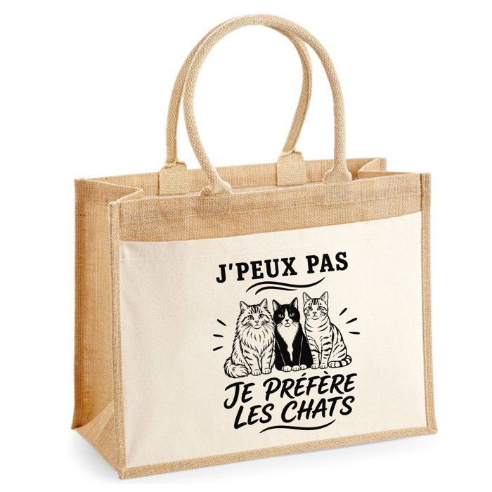 Sac cabas - PLANETEE - J'peux pas je préfère les Chats - toile jute et coton - motif chats - 21 L