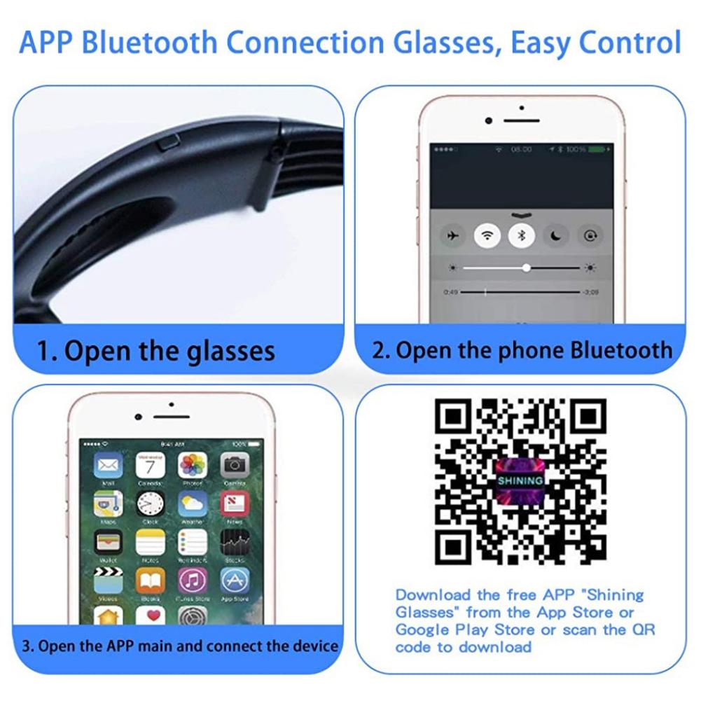 Customizable Full Color Shining Glasses, Programmable Bluetooth 4.0 RGB Fullcolor Glowing LED Glasses, USB Rechargeable Glasses