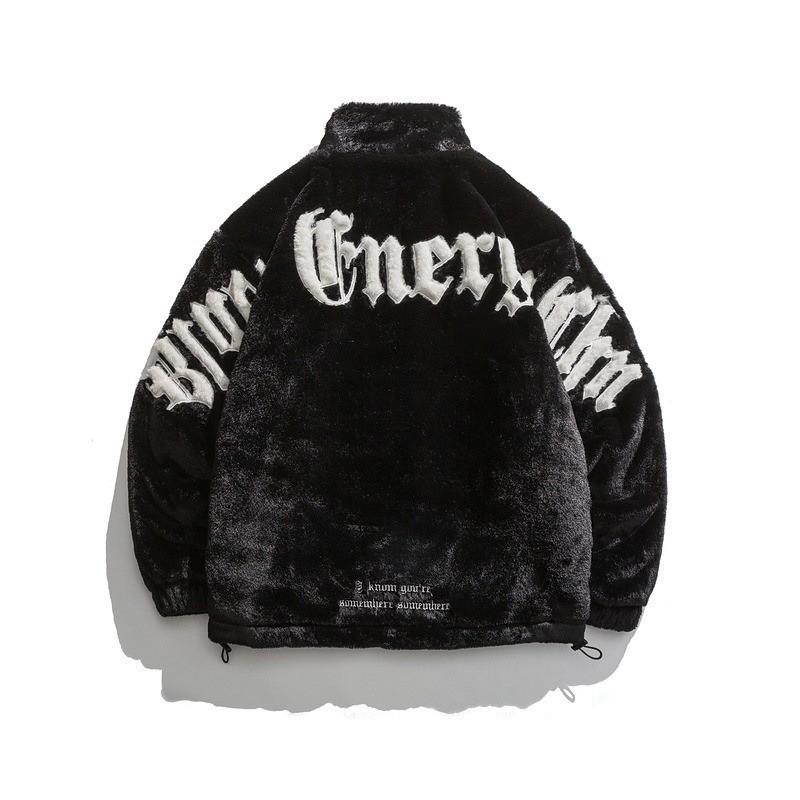 Mens Streetwear Embroidered Fleece Stand Collar Cotton Jacket Loose Fit Hip Hop Winter Coat
