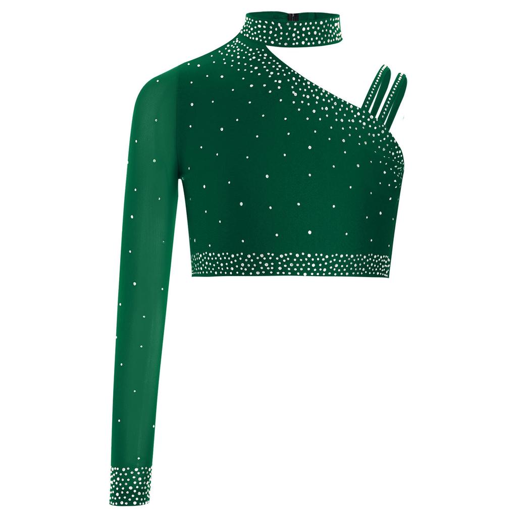 Girls Irregular Shoulder Sparkly Rhinestones Crop Top Dance Performance Stage Costume