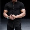 Мужская летняя рубашка с воротником-стойкой, однотонная, приталенная, с коротким рукавом, однобортный, мягкий дышащий кардиган, мужской топ средней длины