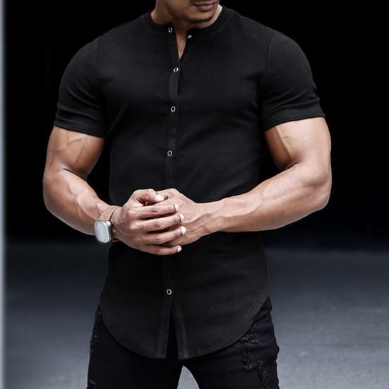 Мужская летняя рубашка с воротником-стойкой, однотонная, приталенная, с коротким рукавом, однобортный, мягкий дышащий кардиган, мужской топ средней длины