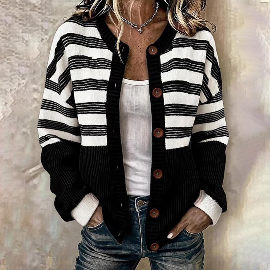 Женский модный вязаный кардиган в полоску с длинным рукавом и пуговицами
