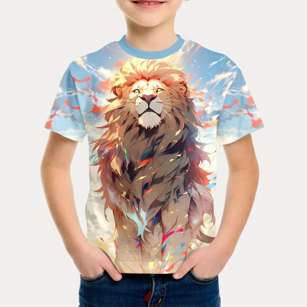 Boys Kids Clothes Print Fierce Lion Graphic T Shirts Summer Outdoor Crew Neck Short Sleeves Casual Outdoor Clothes for Children
